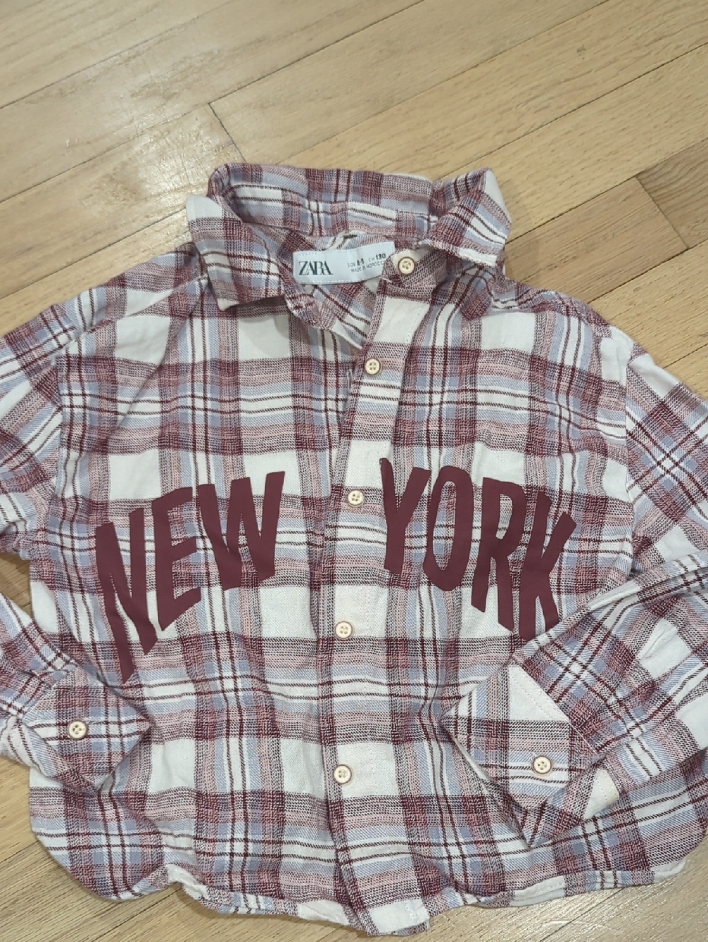 Zara Kids Burgundy and White Plaid Button-Down Shirt with "New York" Print
